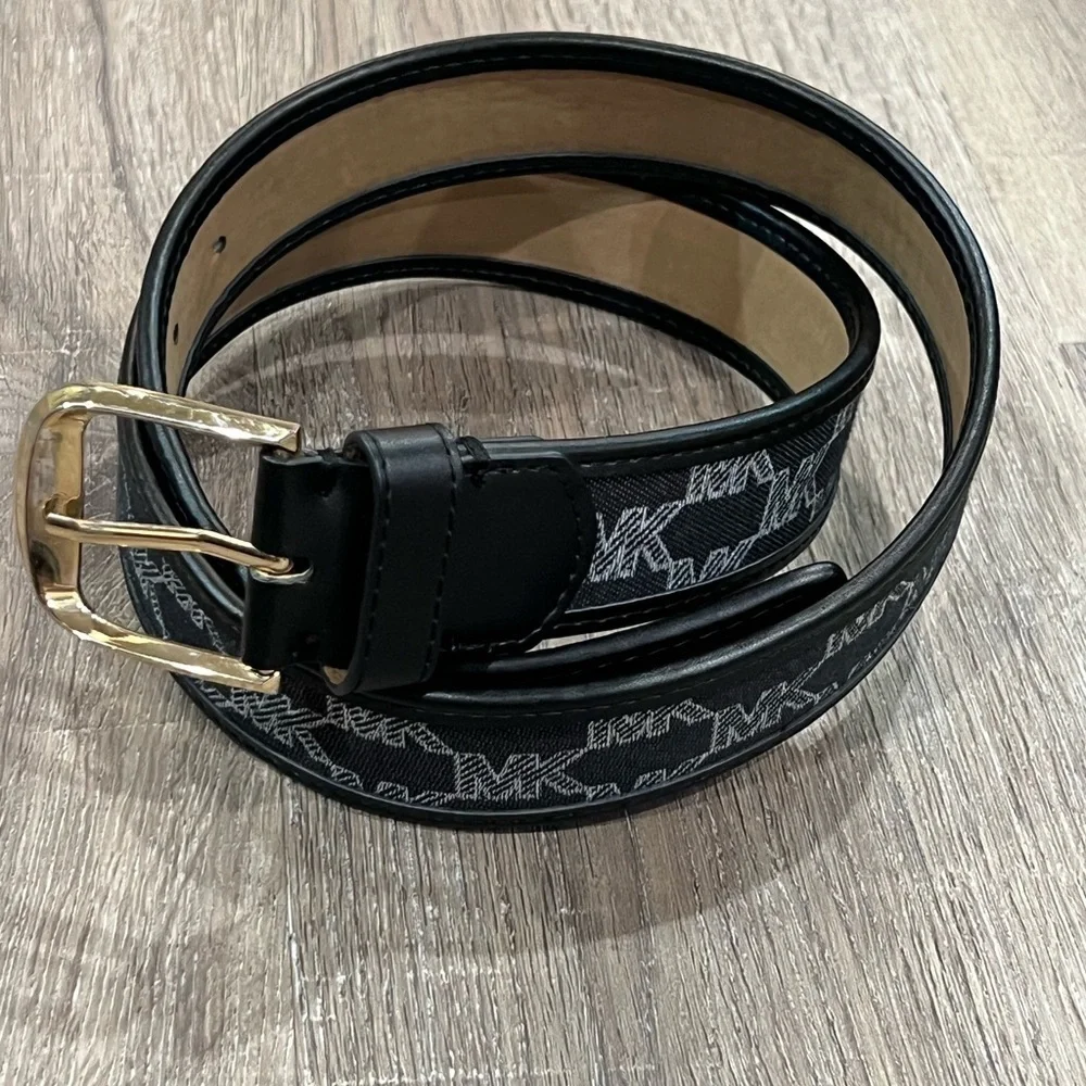 Michael Kors Large (36) Black Canvas Leather MK Brass Logo Buckle Designer Belt